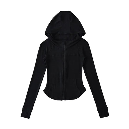 Plain Zippered Hooded Sweatshirt