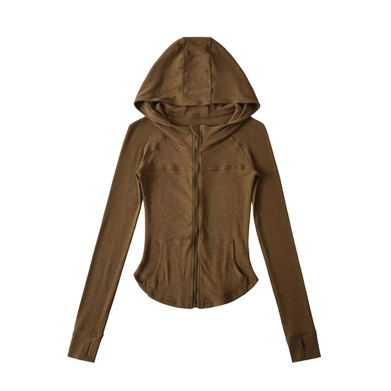 Plain Zippered Hooded Sweatshirt