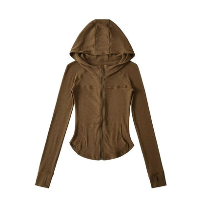 Plain Zippered Hooded Sweatshirt