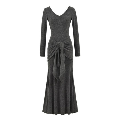 Long-Sleeve V-Neck Plain Tie Waist Maxi Mermaid Dress
