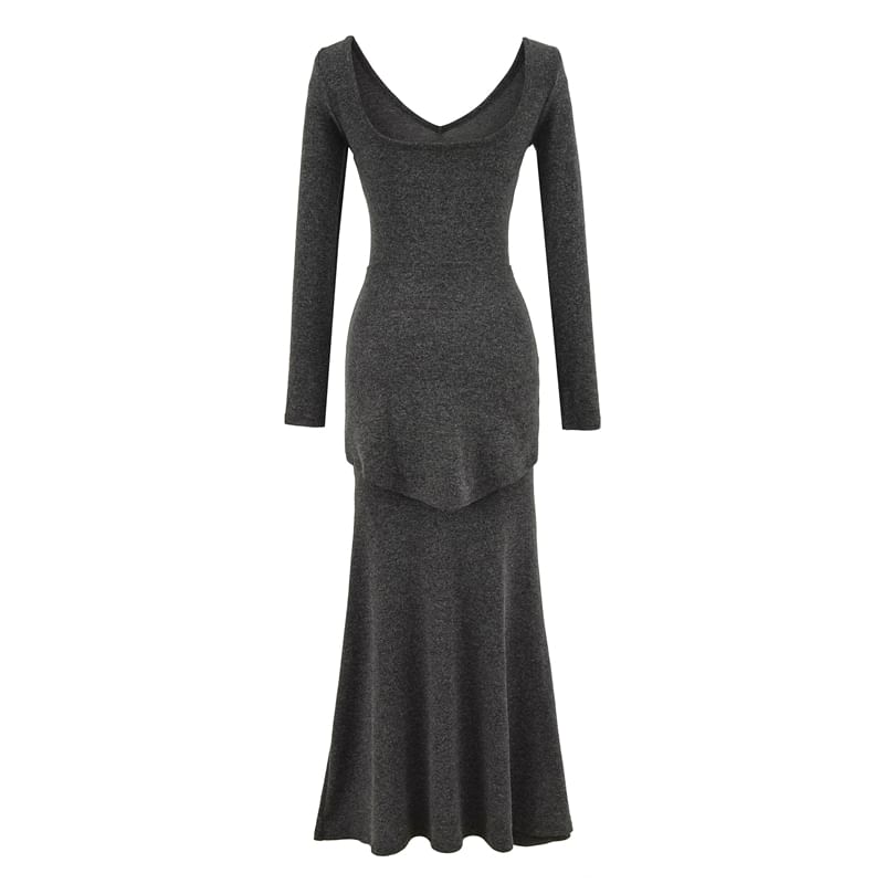 Long-Sleeve V-Neck Plain Tie Waist Maxi Mermaid Dress