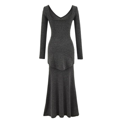 Long-Sleeve V-Neck Plain Tie Waist Maxi Mermaid Dress