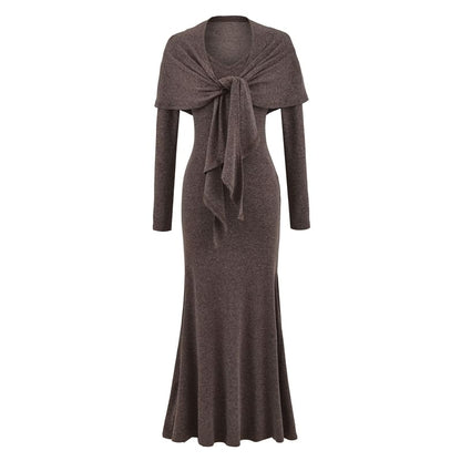 Long-Sleeve V-Neck Plain Tie Waist Maxi Mermaid Dress