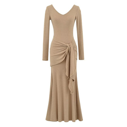 Long-Sleeve V-Neck Plain Tie Waist Maxi Mermaid Dress