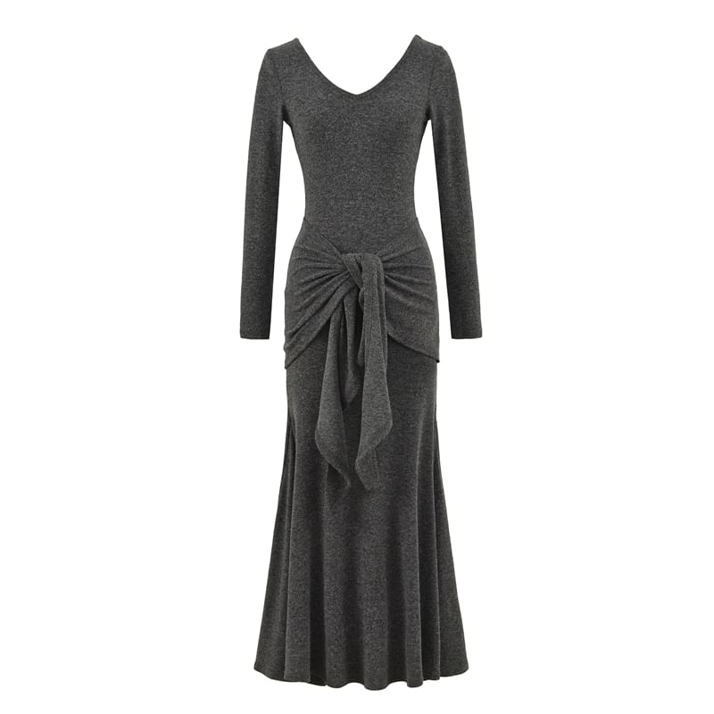 Long-Sleeve V-Neck Plain Tie Waist Maxi Mermaid Dress