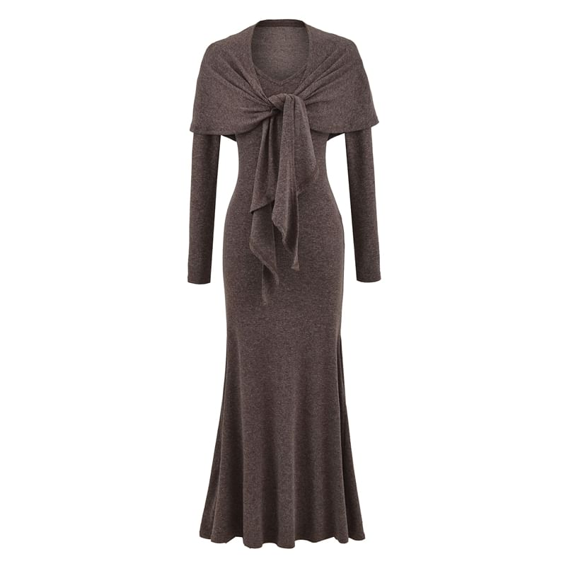 Long-Sleeve V-Neck Plain Tie Waist Maxi Mermaid Dress