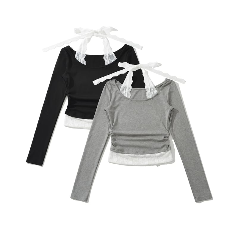 Scoop-Neck Sleeved Plain Lace-Trimmed Tee