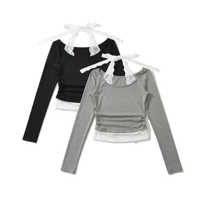 Scoop-Neck Sleeved Plain Lace-Trimmed Tee