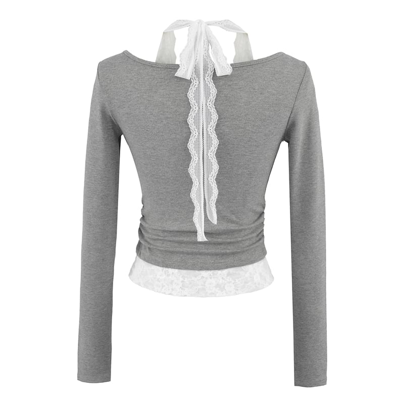 Scoop-Neck Sleeved Plain Lace-Trimmed Tee