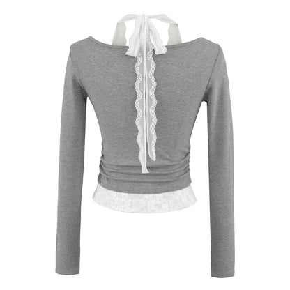 Scoop-Neck Sleeved Plain Lace-Trimmed Tee