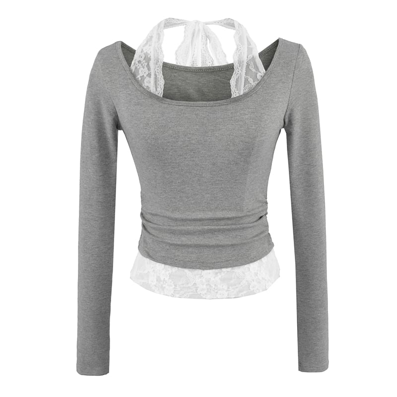 Scoop-Neck Sleeved Plain Lace-Trimmed Tee