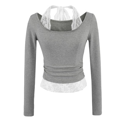 Scoop-Neck Sleeved Plain Lace-Trimmed Tee