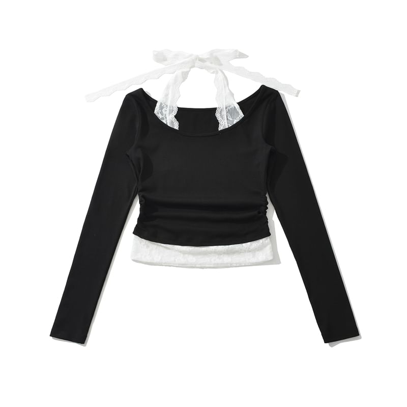 Scoop-Neck Sleeved Plain Lace-Trimmed Tee