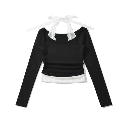 Scoop-Neck Sleeved Plain Lace-Trimmed Tee