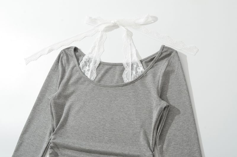 Scoop-Neck Sleeved Plain Lace-Trimmed Tee