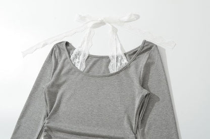 Scoop-Neck Sleeved Plain Lace-Trimmed Tee