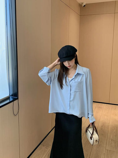 Pocketed Plain Sleeved Button-Up Shirt