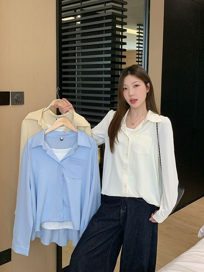 Pocketed Plain Sleeved Button-Up Shirt