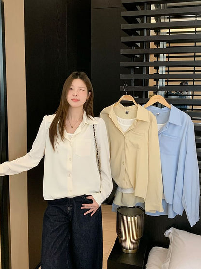 Pocketed Plain Sleeved Button-Up Shirt