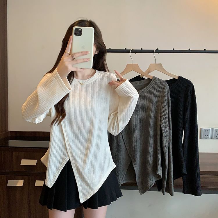 Asymmetric Sleeved Crewneck Plain Casual Top