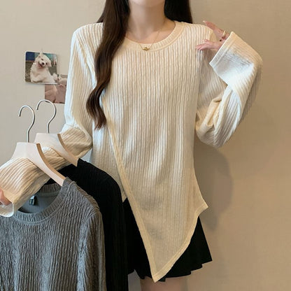 Asymmetric Sleeved Crewneck Plain Casual Top