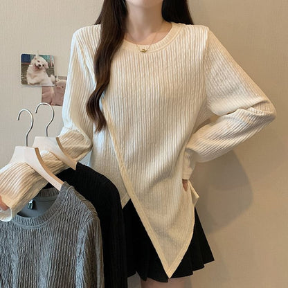 Asymmetric Sleeved Crewneck Plain Casual Top