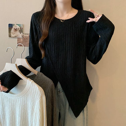 Asymmetric Sleeved Crewneck Plain Casual Top