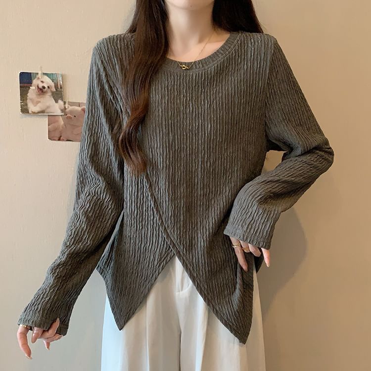 Asymmetric Sleeved Crewneck Plain Casual Top