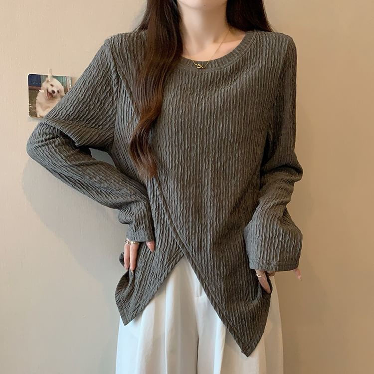 Asymmetric Sleeved Crewneck Plain Casual Top
