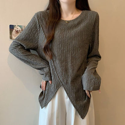 Asymmetric Sleeved Crewneck Plain Casual Top