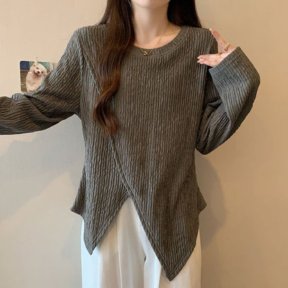 Asymmetric Sleeved Crewneck Plain Casual Top