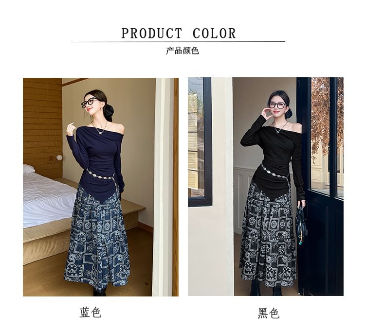 Off-Shoulder Sleeved Top & High-Waisted Maxi Skirt Set