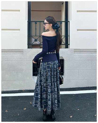 Off-Shoulder Sleeved Top & High-Waisted Maxi Skirt Set