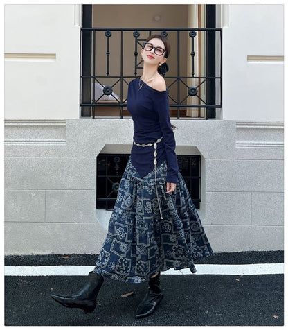 Off-Shoulder Sleeved Top & High-Waisted Maxi Skirt Set