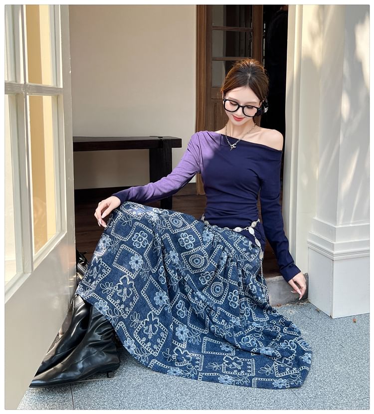 Off-Shoulder Sleeved Top & High-Waisted Maxi Skirt Set