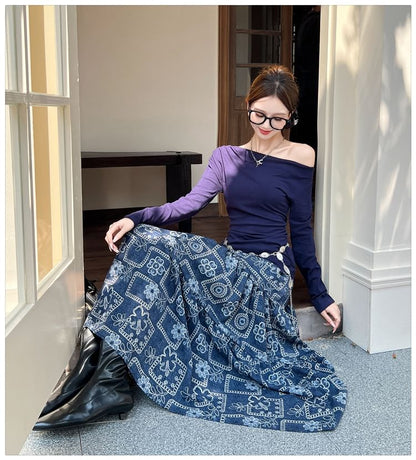 Off-Shoulder Sleeved Top & High-Waisted Maxi Skirt Set