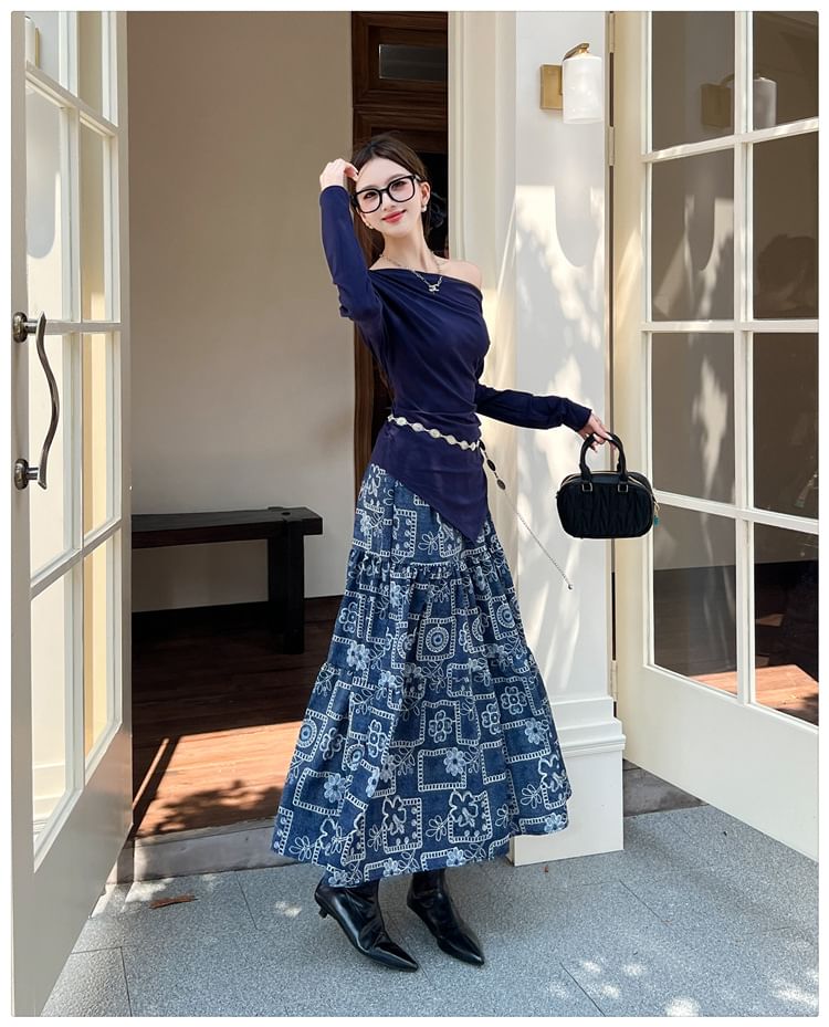 Off-Shoulder Sleeved Top & High-Waisted Maxi Skirt Set
