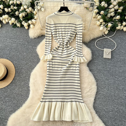 Long-Sleeve V-Neck Striped Maxi Mermaid Dress