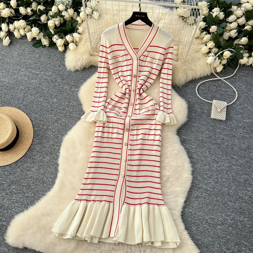 Long-Sleeve V-Neck Striped Maxi Mermaid Dress