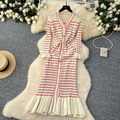 Long-Sleeve V-Neck Striped Maxi Mermaid Dress