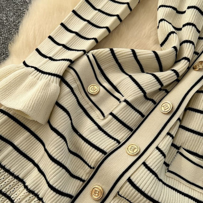 Long-Sleeve V-Neck Striped Maxi Mermaid Dress