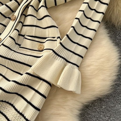Long-Sleeve V-Neck Striped Maxi Mermaid Dress