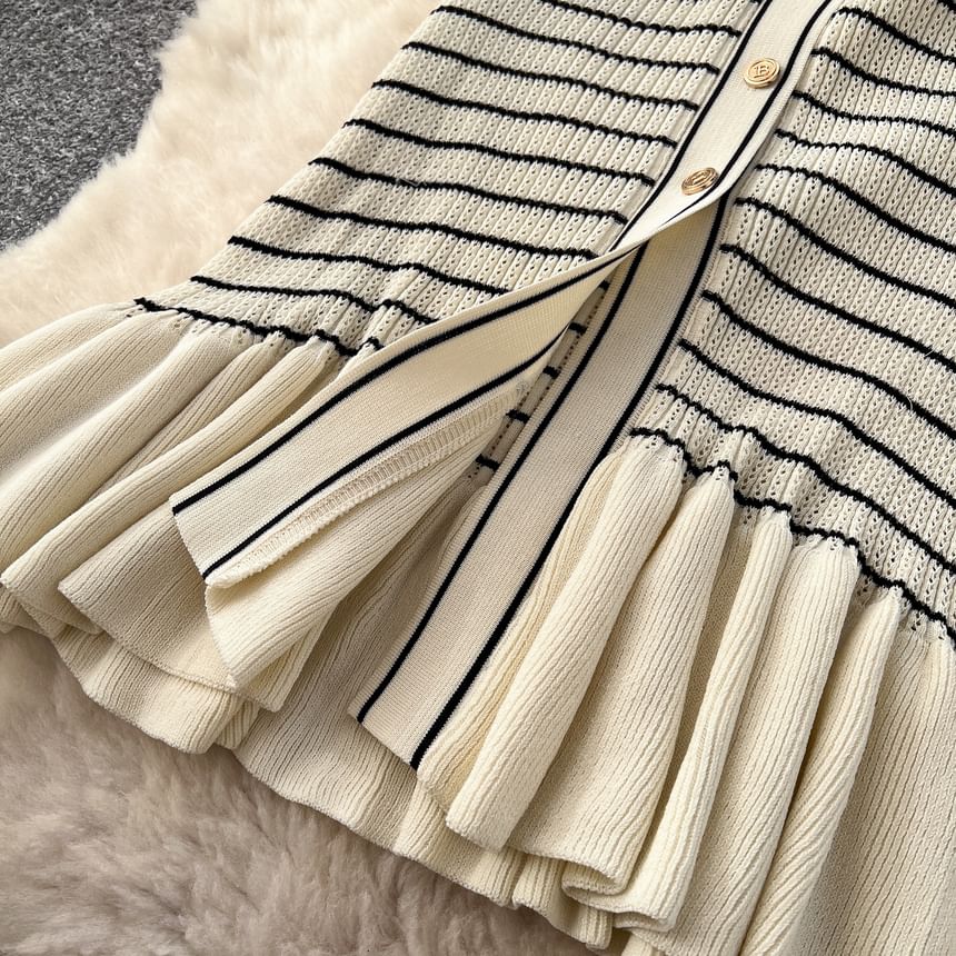 Long-Sleeve V-Neck Striped Maxi Mermaid Dress