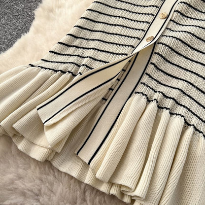 Long-Sleeve V-Neck Striped Maxi Mermaid Dress