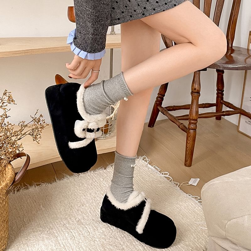 Platform Buckled Fluffy Trim Shoes