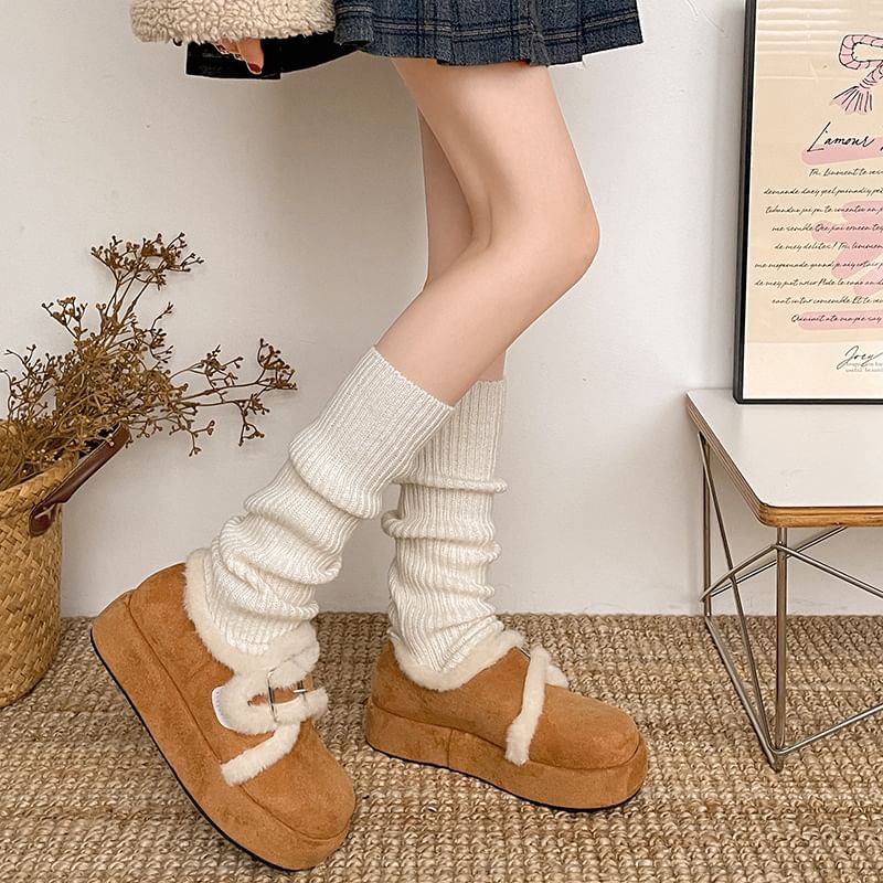 Platform Buckled Fluffy Trim Shoes