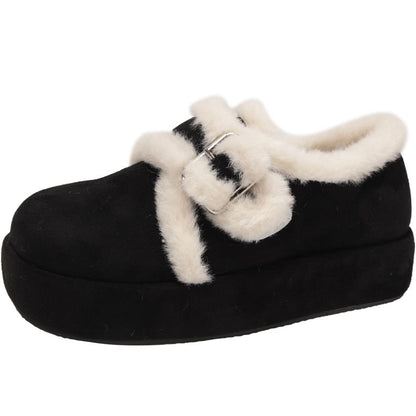 Platform Buckled Fluffy Trim Shoes