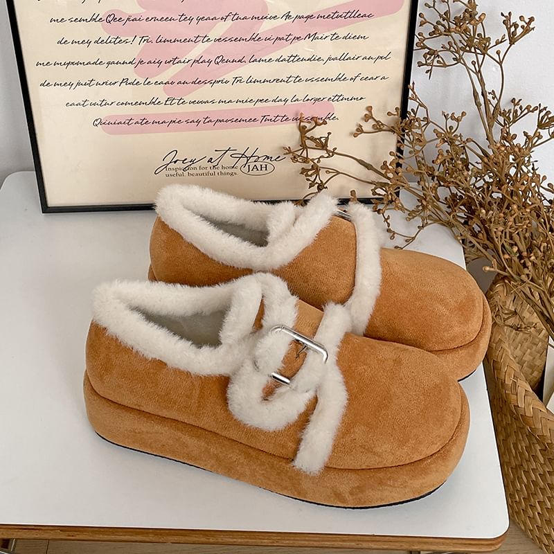 Platform Buckled Fluffy Trim Shoes