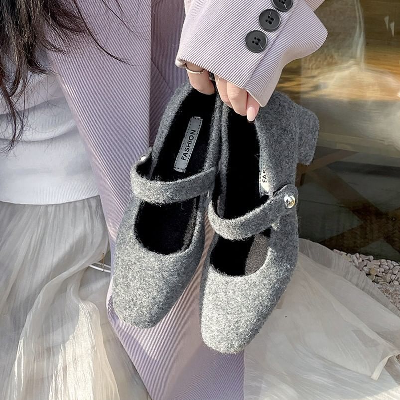 Square Toe Felt Block Heel Mary Jane Pumps