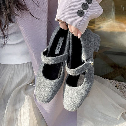 Square Toe Felt Block Heel Mary Jane Pumps